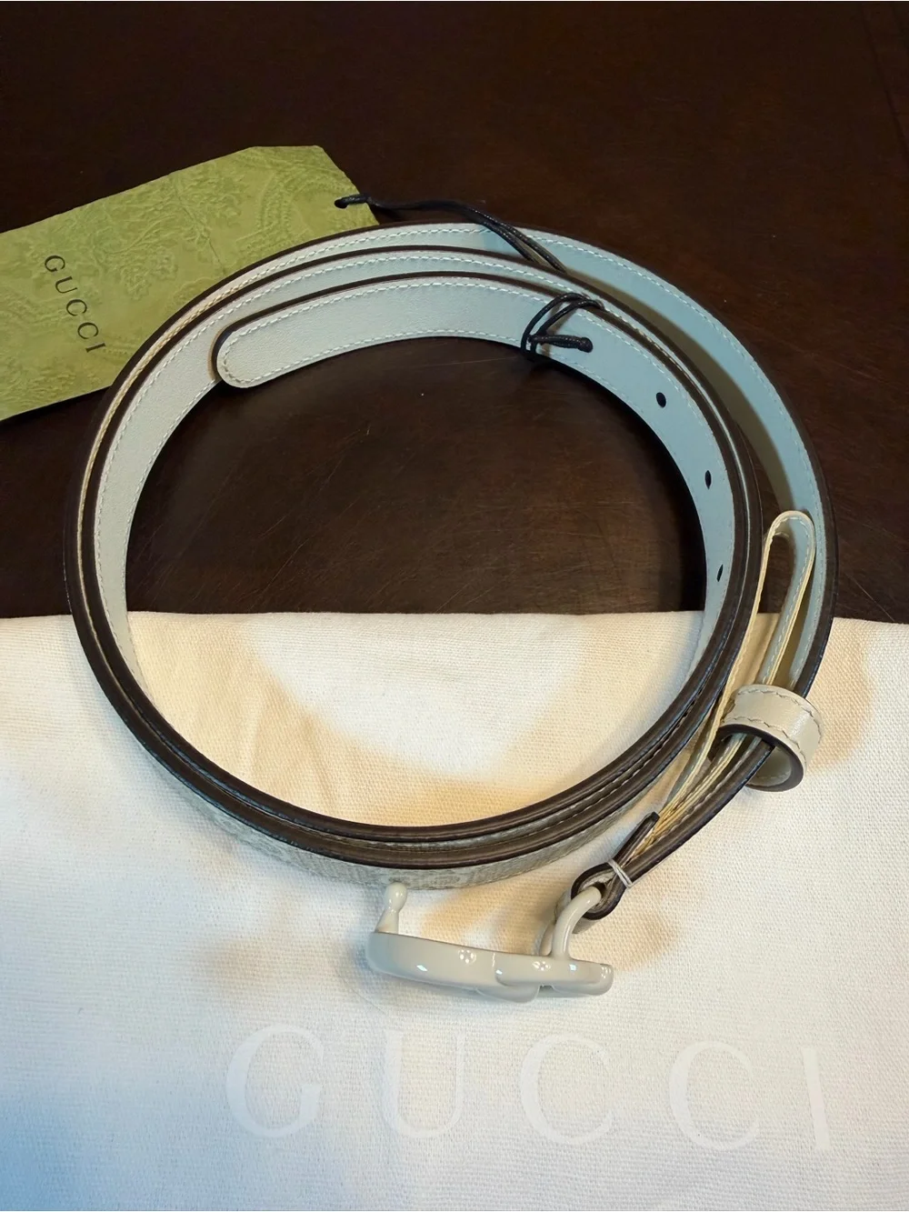 New Gucci GG Logo Buckle Ivory Gray Leather Belt Size 42 / 105 cm Waist 38 - 42 - Picture 3 of 13